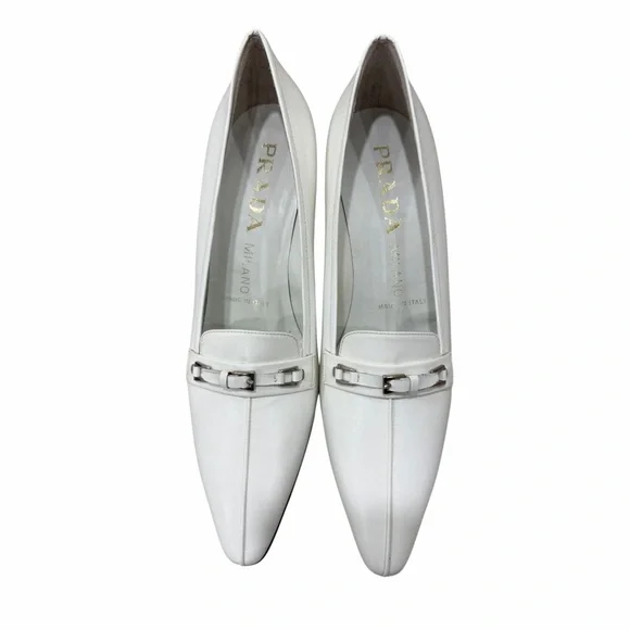 Prada Milano White Leather Kitten Heel Pumps Pointed Toe Size 38 - Picture 4 of 9